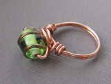 Green Glass and Copper Wire Ring
